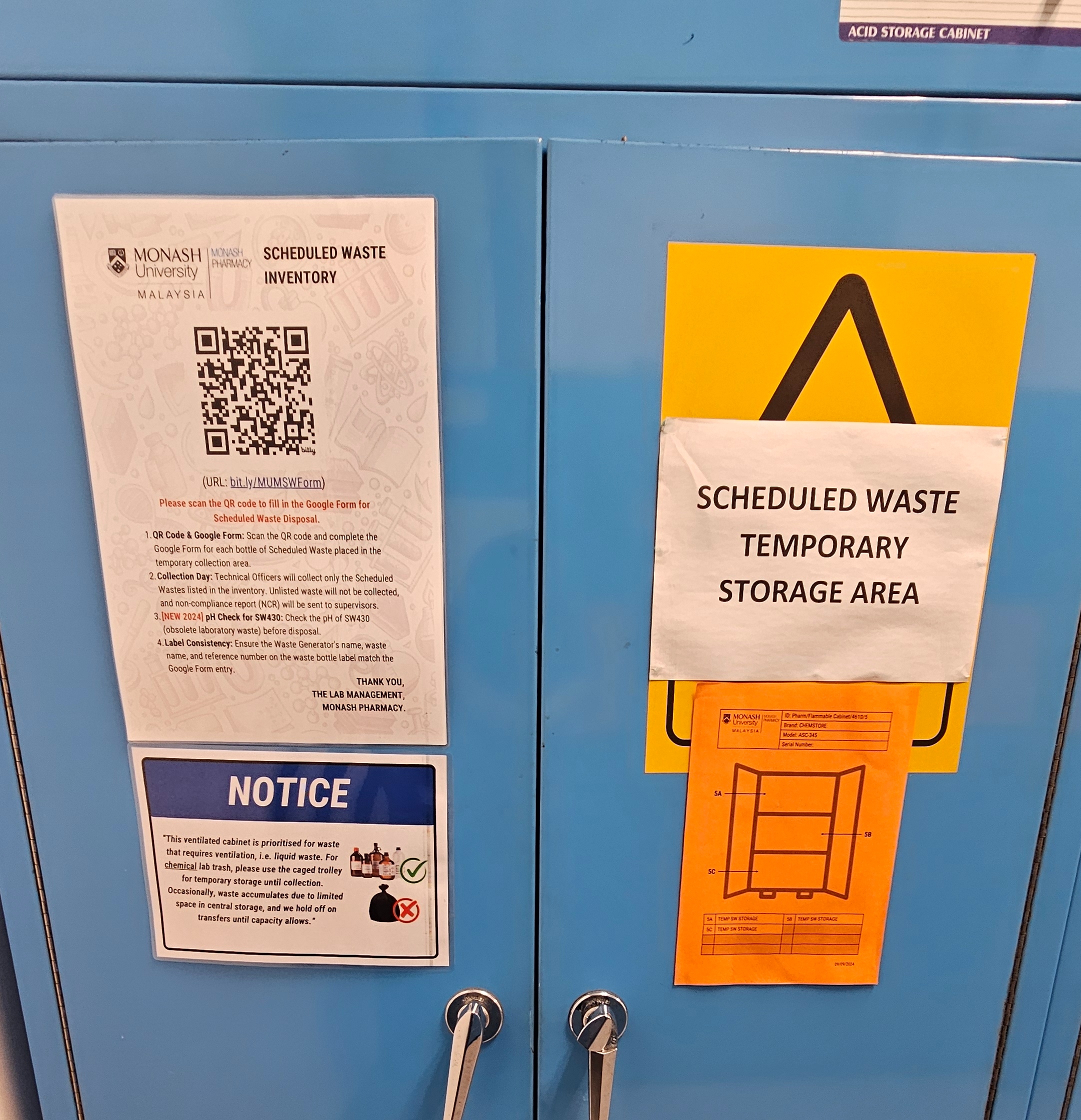 Blue ventilated cabinet inside 4-6-10 marked Scheduled Waste Temporary Storage Area, with the scheduled waste inventory QR poster and a notice stating the cabinet is prioritised for waste requiring ventilation